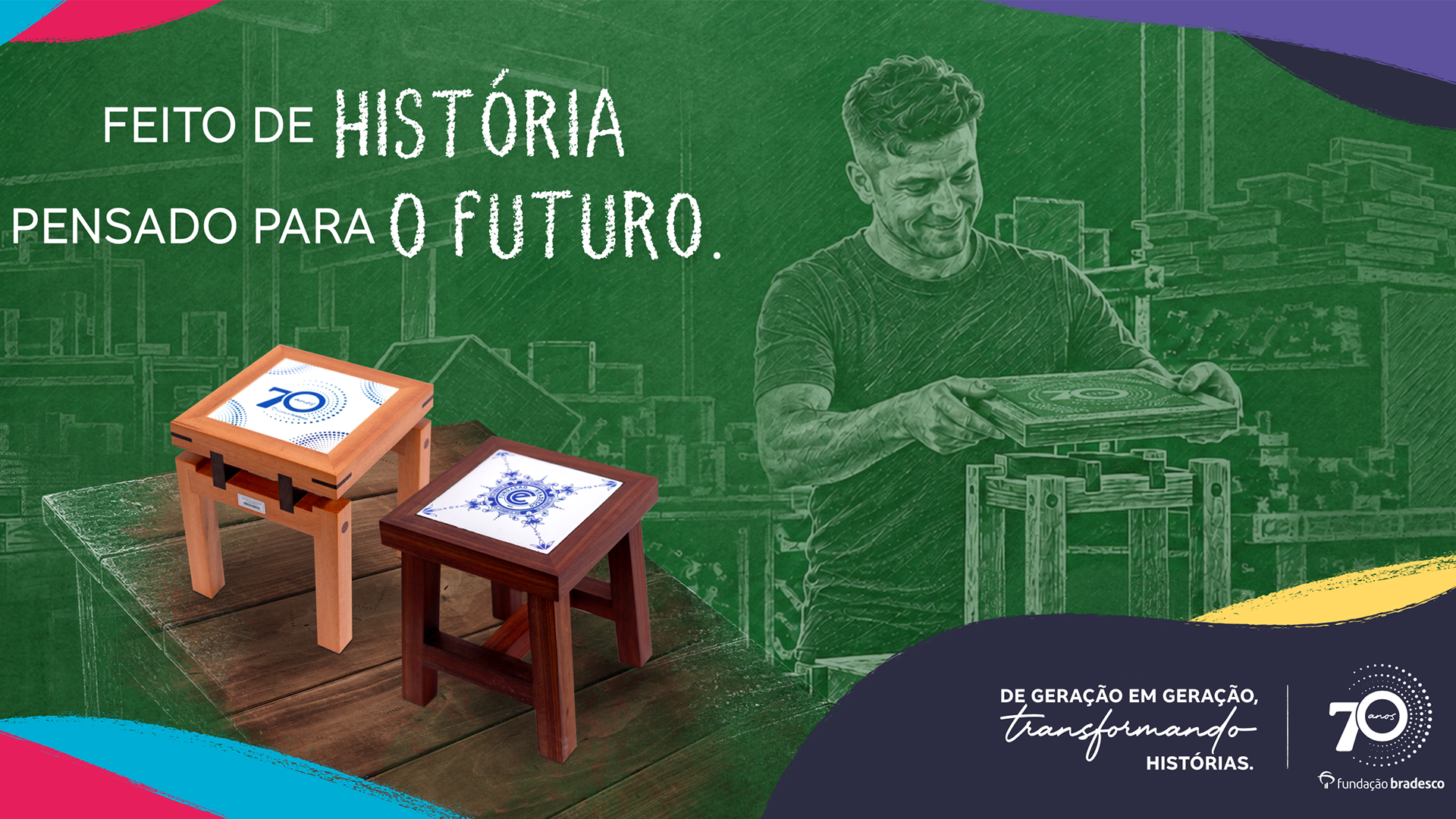 Feito de história. Pensado para o futuro. De geração em geração, transformando histórias. Fundação Bradesco 70 anos.